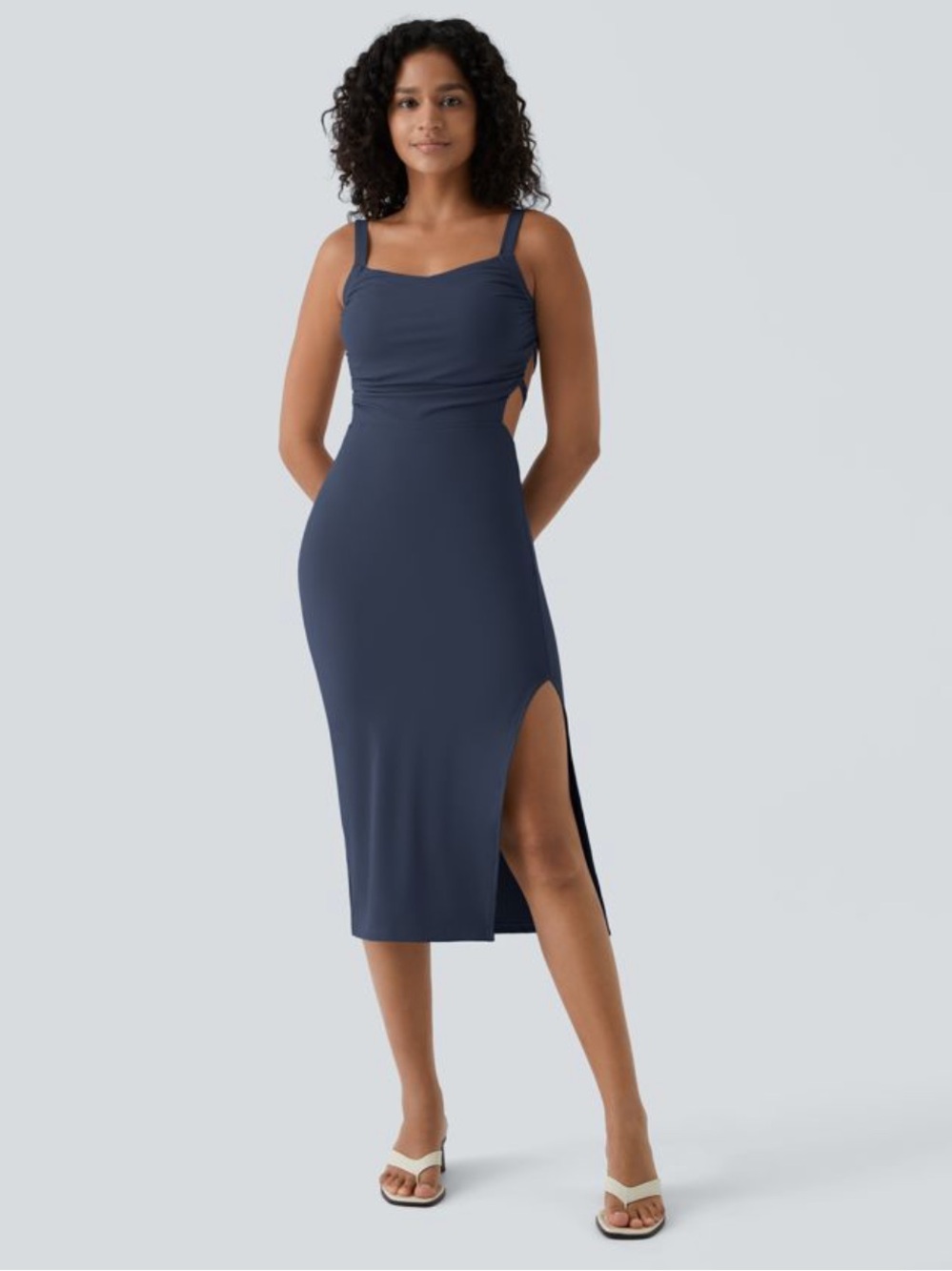 Halara- Ruched Lace Up Bodycon Midi Casual Dress